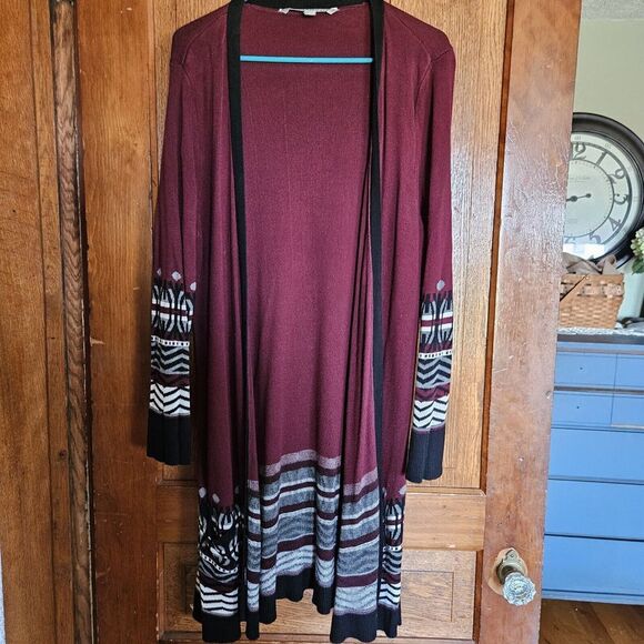 Valerie Stevens L Open Front Long Cardigan Burgundy Pattern Pockets Cozy Boho - Picture 1 of 5